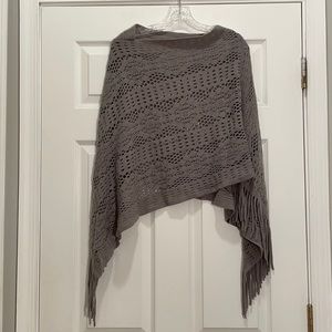 Gray Sweater Poncho w/ Fringe & Cutout Details